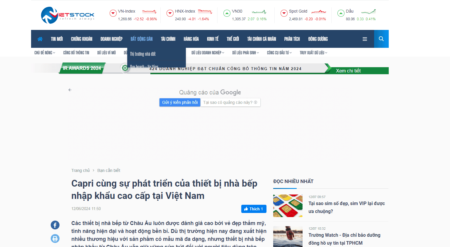 Capri xuất hiên trên báo Vietstock